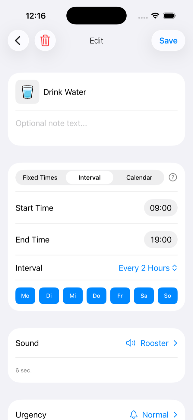 Interval reminder: every 2 hours between 9am and 7pm