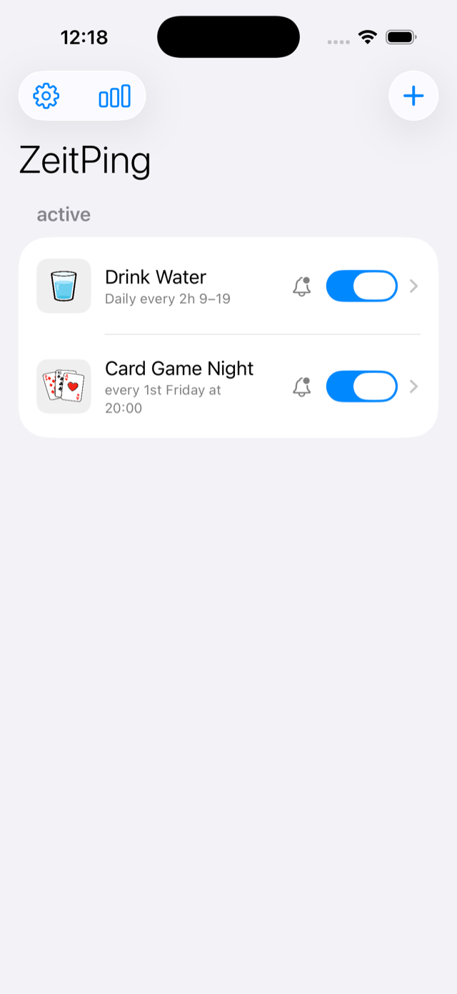 ZeitPing main list with active reminders